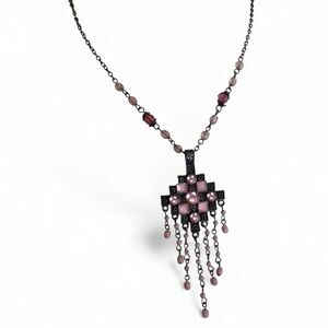 Vintage Silver Tone Pink Rhinestone Tiered Chandelier Necklace Womens Estate